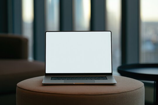 Modern Laptop with Blank Screen on a Stylish Ottoman in a Contemporary Office Space.