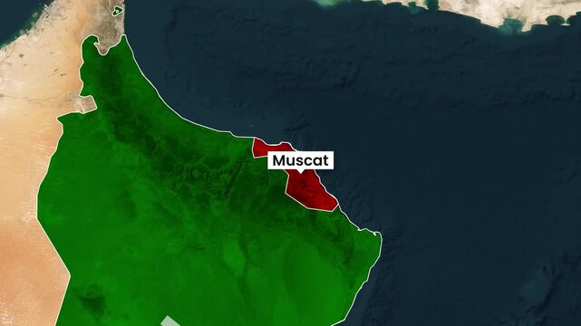 Oman map highlighting Muscat city in animation motion footage