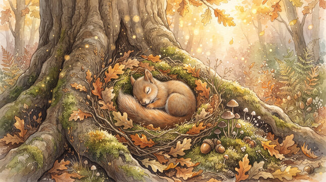 A cozy illustration of a cute squirrel sleeping peacefully in a nest of autumn leaves nestled at the base of a large tree