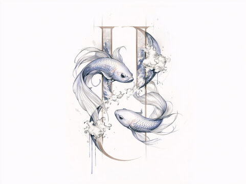Symmetric twin pale blue betta fish curve in yin‑yang formation, framed by water splash textures within geometric metal border.