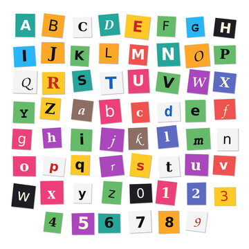 Multicolored square paper cutouts with alphabet letters and numbers arranged in neat rows typography