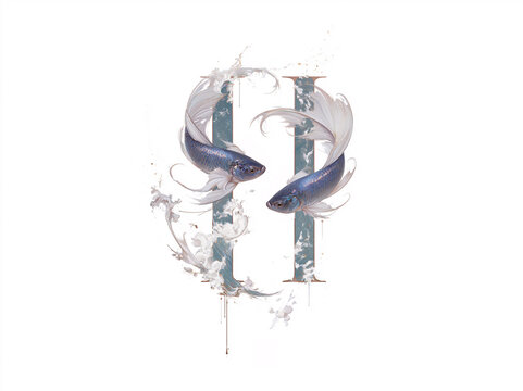 Symmetric twin pale blue betta fish curve in yin‑yang formation, framed by water splash textures within geometric metal border.