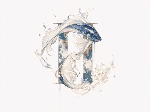 Symmetric twin pale blue betta fish curve in yin‑yang formation, framed by water splash textures within geometric metal border.