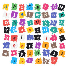 Obraz premium Torn paper ransom note alphabet and numbers set with jagged edges, isolated on a white background, ripped edges