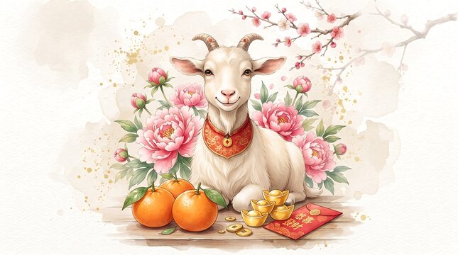 Watercolor Chinese New Year White Goat with Peonies, Tangerines, and Gold Ingots
