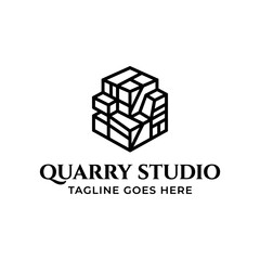 Fototapeta premium Geometric cube logo composed of irregular stone blocks.