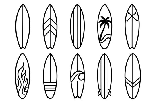 Collection of ten varied surfboard designs with minimalist black outline patterns for beach sports and summer activities