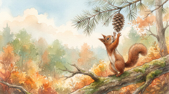 Watercolor illustration of a cute red squirrel reaching for a pinecone on a tree branch in a vibrant autumn forest