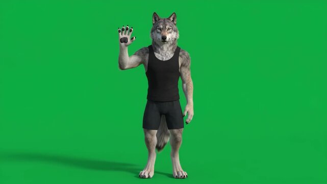 3D Animation Male Wolf Character in Black Gym Tank Top, Waving Hello on Green Screen Background