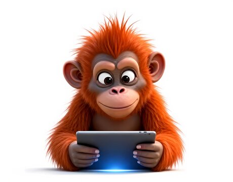 3D Cartoon Orangutan Holding a Digital Tablet Device