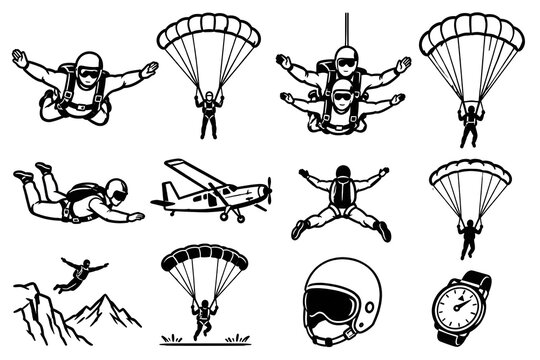 Skydiving and Parachuting Extreme Sports Vector Line Icons Set