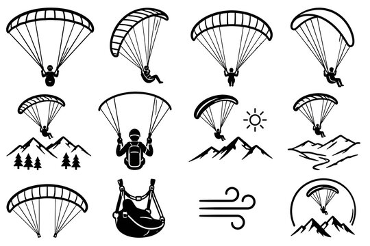 Paragliding vector icons and symbols set featuring paragliders, mountains, harness, and wind elements