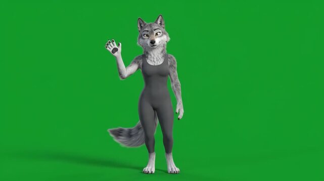 3D Animation Female Wolf Character in Gym Tank Top and Leggings, Waving Hello on Green Screen