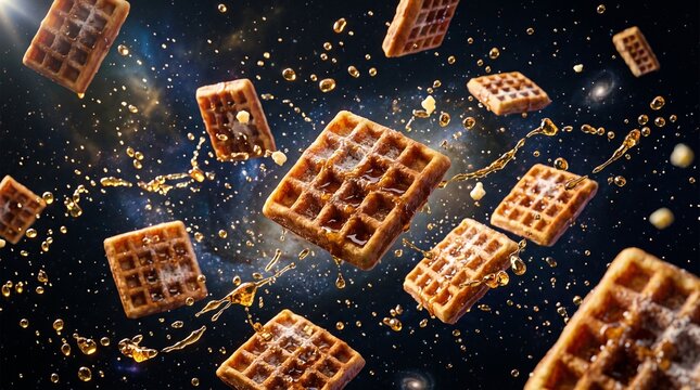 Toasted waffles and golden syrup floating in zero gravity space. Surreal playful food background.