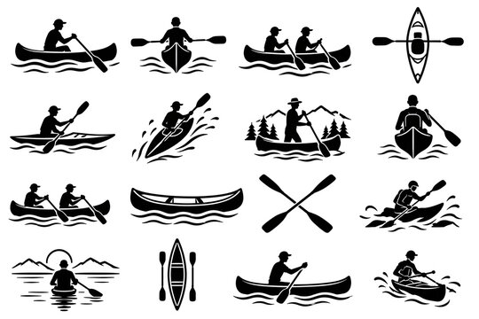 Canoe and kayak vector icon set for outdoor water sports and rowing adventure concept
