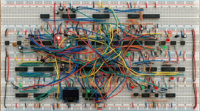 Complex breadboard circuit with tangled colorful wires, electronic prototype hardware, messy DIY engineering project Black Friday Special