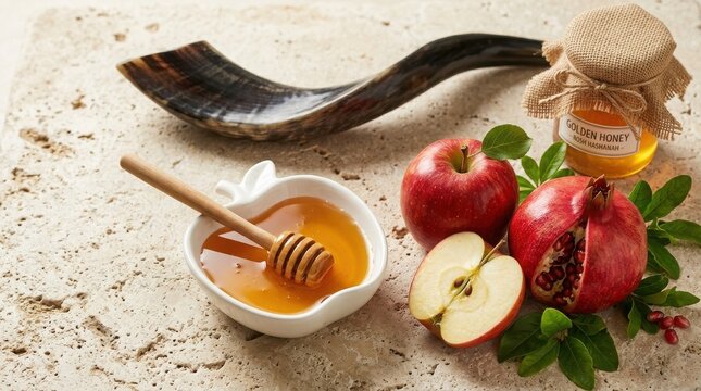 Rosh hashanah symbols with shofar, honey, pomegranate, and apples on a stone background
