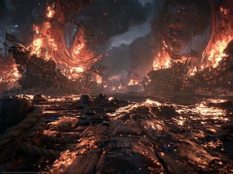 Fiery ancient wooden warships burn violently on dark choppy water, embers drift beneath storm clouds at dusk during naval battle.
