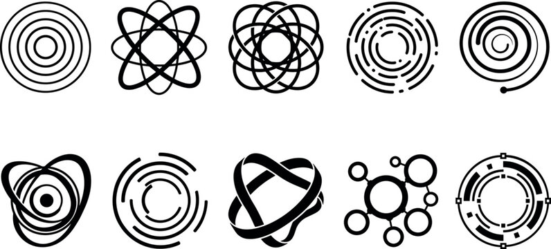Collection of abstract black science vector icons featuring tech atom models molecular structures spiral orbits and futuristic HUD circle elements