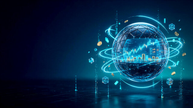 Futuristic trading glowing sphere presenting metaverse business investment ecosystem on decentralized network illustration in cyber dark blue space side view