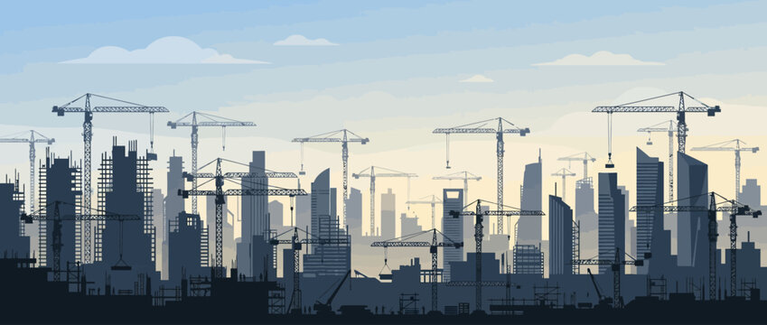 City skyline construction site with multiple cranes against a sunset sky, urban development