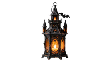Gothic castle lantern with bat silhouette and candle flame, isolated on transparent background © Freya
