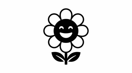 Fototapeta premium A cute black and white flower icon with a happy smiling face.