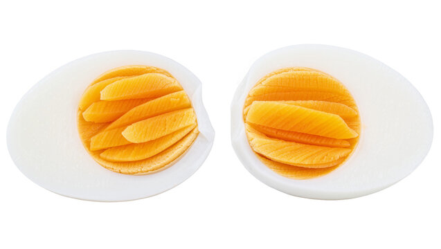 Two halves of a hard-boiled egg showing cooked yolk layers, isolated on transparent background
