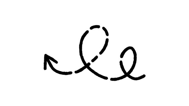 Hand drawn black arrow curve with dashed line segments, isolated on transparent background