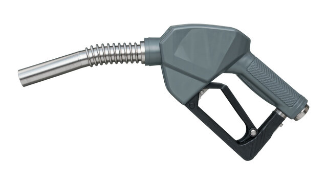 Gray plastic fuel nozzle with metal spout, isolated on transparent background