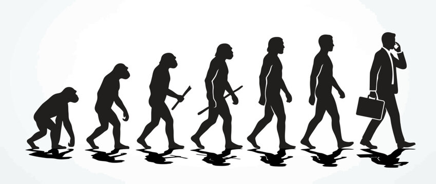 Human evolution progress silhouette with businessman holding briefcase on white, business concept
