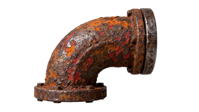 Heavily rusted metal pipe elbow with flanges, isolated on transparent background