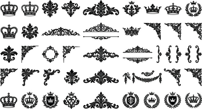 Mega bundle of classic black royal crown vector silhouettes vintage heraldic crest ornaments and baroque corner border design elements