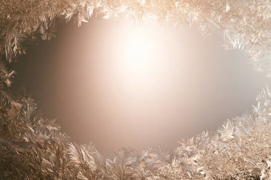 Frost patterns create detailed designs around a soft glowing center in a winter scene
