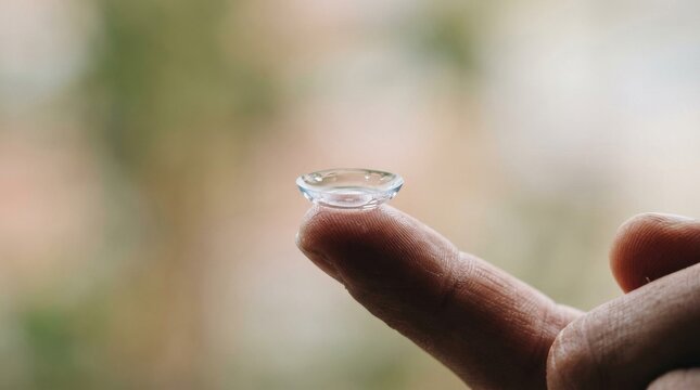 Clear contact lens balanced delicately on a human fingertip for vision correction