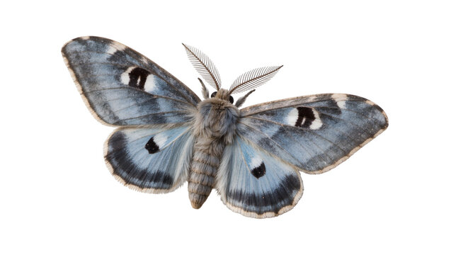 Fluffy grey moth with blue patterned wings, isolated on transparent background