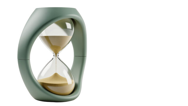 Modern green hourglass with sand flowing, isolated on transparent background