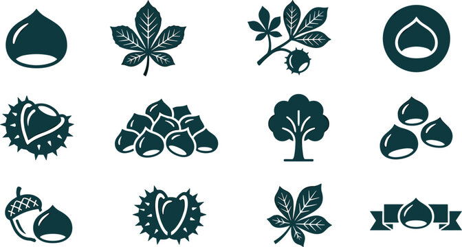 Set of chestnut icons, vector illustrations of nuts, leaves, and trees, flat design elements for autumn harvest themes