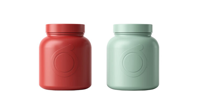 Two matte plastic supplement bottles one red and one mint green, isolated on transparent background