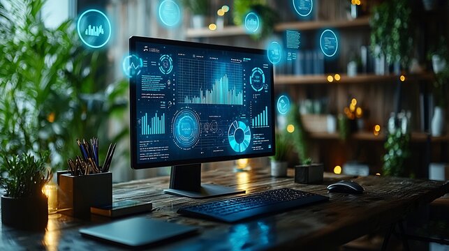 Close-up of Modern Computer Monitor Displaying Blue Holographic Data Charts on a Rustic Wooden Desk
