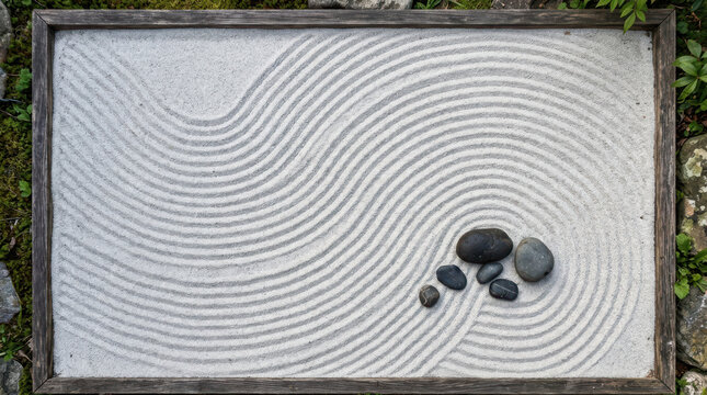Zen garden sand pattern with smooth stones. Minimalist rock garden in wooden frame. Raked white sand for meditation. Black Friday Special