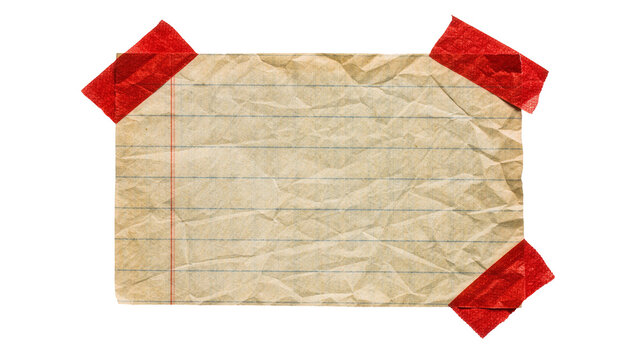 Crinkled lined paper note with red tape, isolated on transparent background