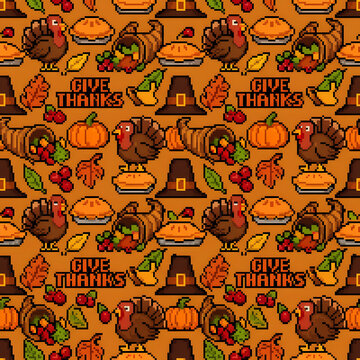Thanksgiving pattern with turkey and pie on orange background