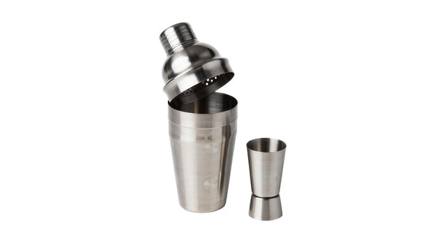 Stainless steel cocktail shaker and jigger set, isolated on transparent background