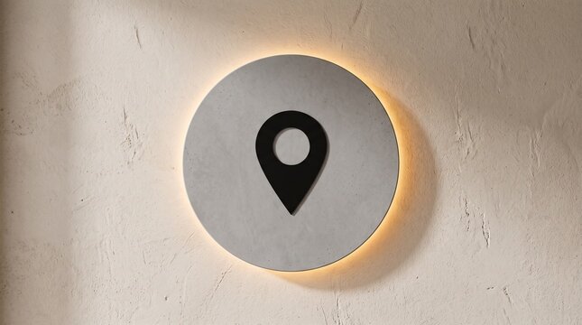 Modern round concrete wall sign with black map pin icon and warm backlighting on a textured surface