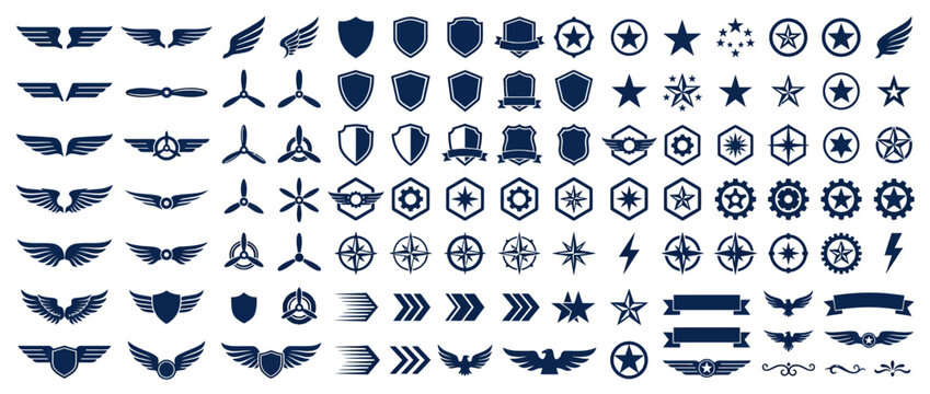 Military and Aviation Emblem Set with Wings, Shields, Stars, and Propellers on White