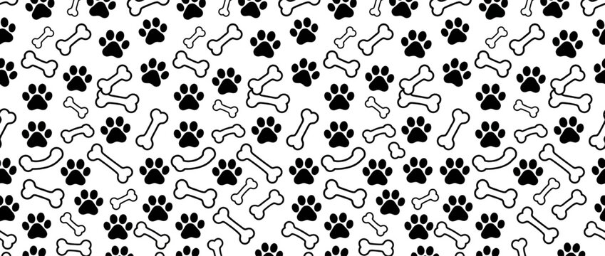 Seamless pattern with dog paw prints and bones on white background for pet design