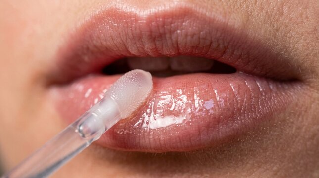 Close up macro view of a woman applying transparent glossy lip balm with a brush applicator