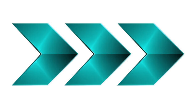 Three teal metallic chevron arrows pointing right, isolated on transparent background