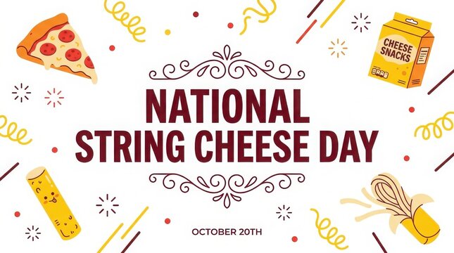 National string cheese day celebration banner with pizza, cheese snacks and string cheese illustration